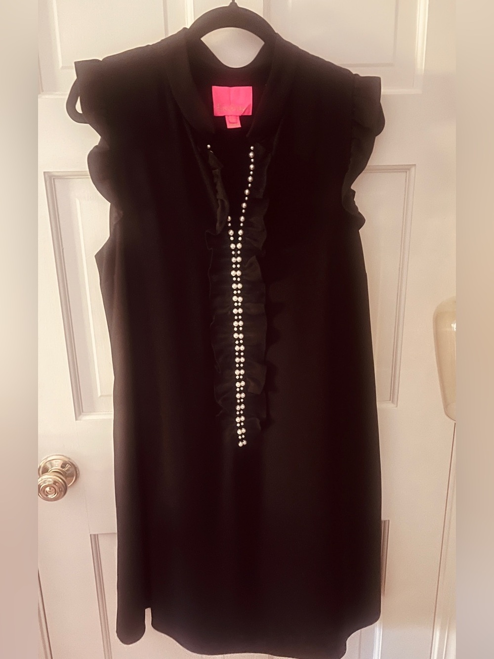Lilly Pulitzer Black Sleeveless Ruffle Midi Dress with Pearl Front